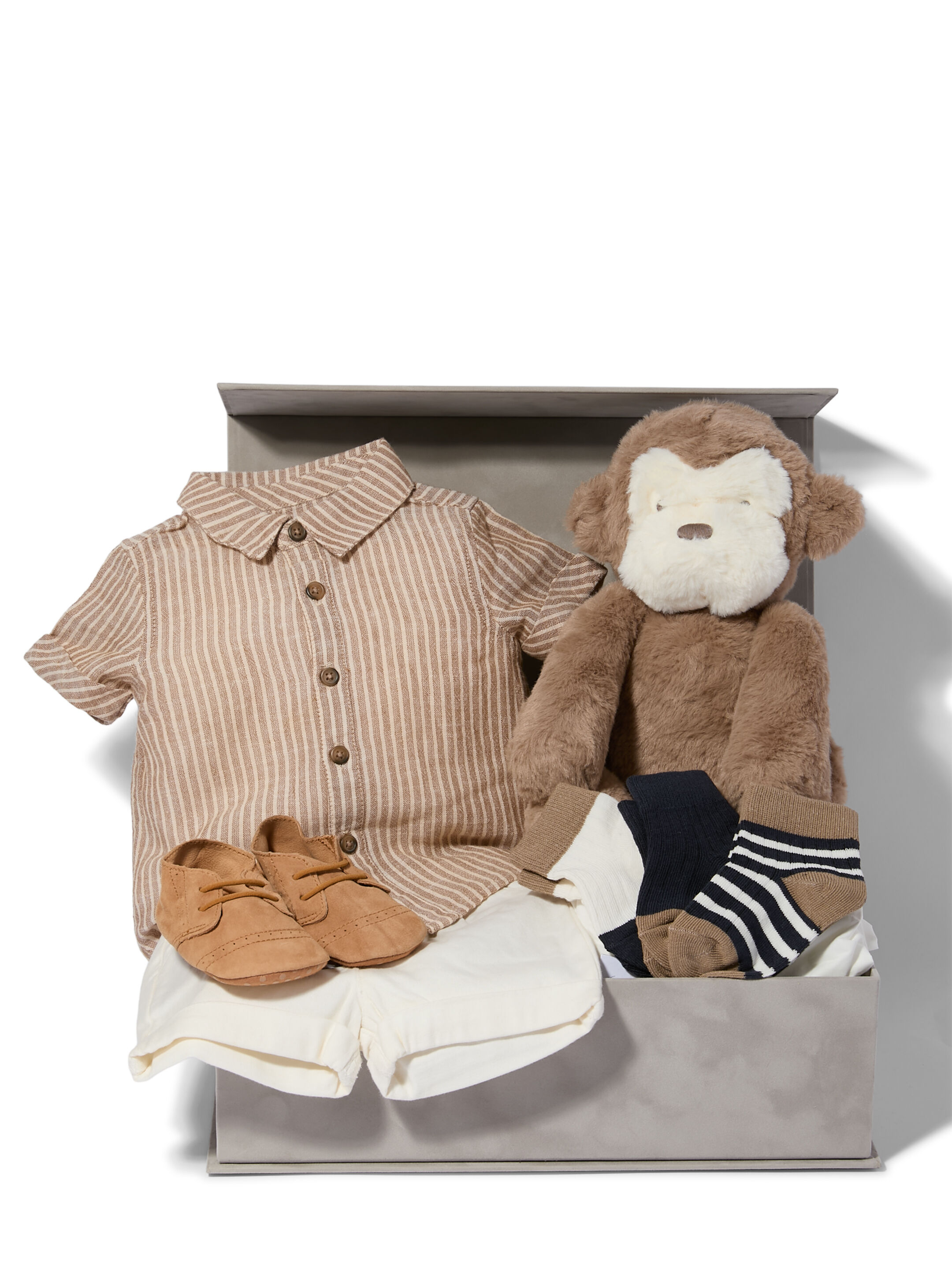 Stripped 2 Piece Suit - 5 Piece Gift Set with Suede Pram Shoes and Soft Toy Monkey image number 1